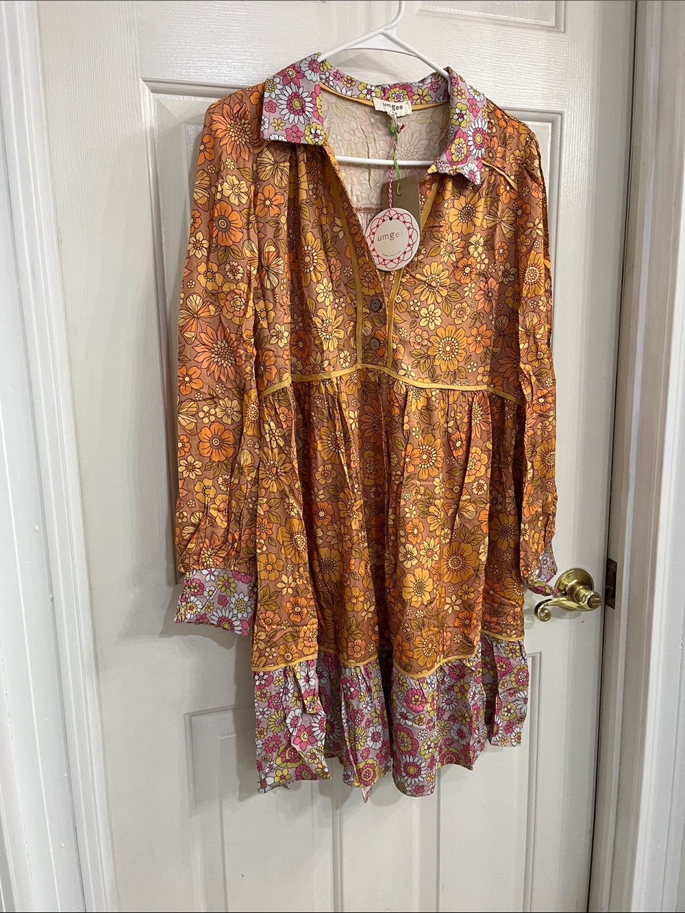 Umgee Orange Floral Tiered Button-Front Dress with Pink Trim
